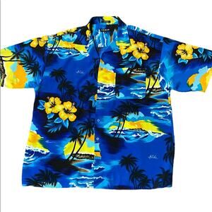 Koman Hawaiian Print button up shirt Blue and Yellow size XL.